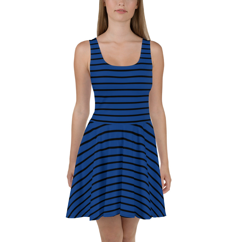 Robe skater bleu marine femmes (motif à lignes noires)