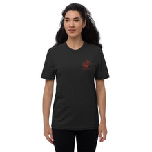 Load image into Gallery viewer, Women&#39;s Short Sleeve Black Embroidered Recycled T-Shirt (red roses)
