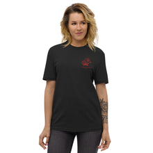 Load image into Gallery viewer, Women&#39;s Short Sleeve Black Embroidered Recycled T-Shirt (red roses)
