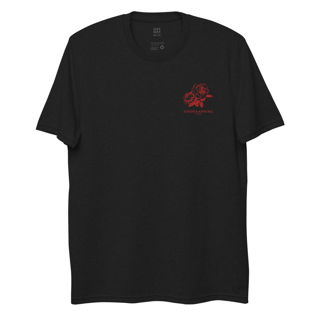 T-shirt noir recyclé brodé pour homme (roses rouges)