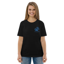 Load image into Gallery viewer, Women&#39;s Short Sleeve Black Embroidered Organic Cotton T-Shirt (blue roses)
