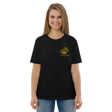 Load image into Gallery viewer, Women&#39;s Short Sleeve Black Embroidered Organic Cotton T-Shirt (yellow roses)
