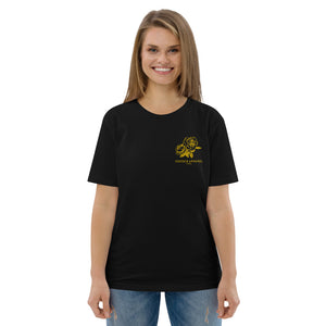 Women's Short Sleeve Black Embroidered Organic Cotton T-Shirt (yellow roses)