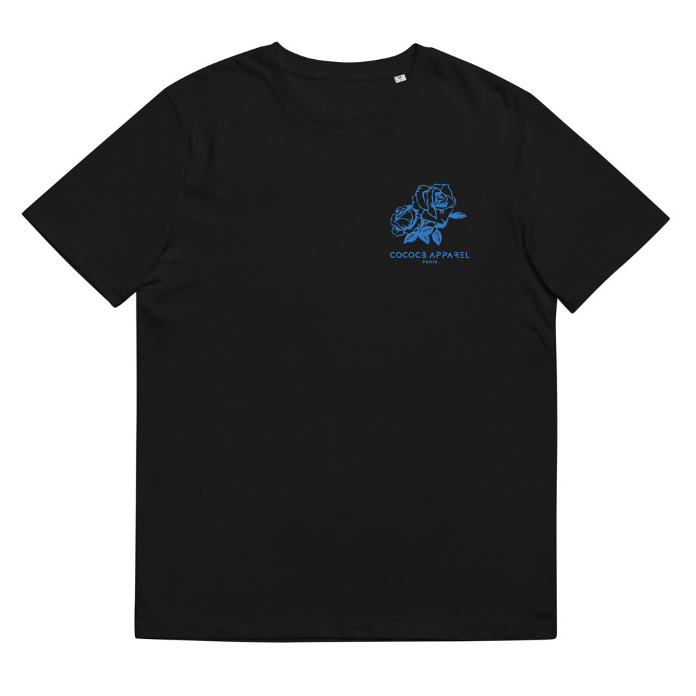 T-shirt noir en coton biologique brodé hommes (roses bleues)