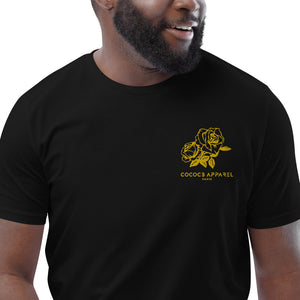 T-shirt noir en coton biologique brodé hommes (roses jaunes)