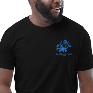 T-shirt noir en coton biologique brodé hommes (roses bleues)