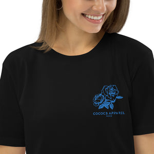 T-shirt noir en coton biologique brodé femmes (roses bleues)