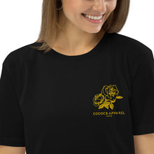 Load image into Gallery viewer, Women&#39;s Short Sleeve Black Embroidered Organic Cotton T-Shirt (yellow roses)
