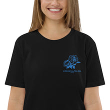 Load image into Gallery viewer, Women&#39;s Short Sleeve Black Embroidered Organic Cotton T-Shirt (blue roses)
