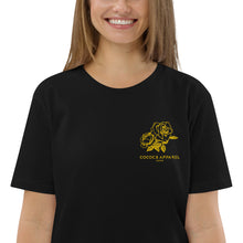 Load image into Gallery viewer, Women&#39;s Short Sleeve Black Embroidered Organic Cotton T-Shirt (yellow roses)
